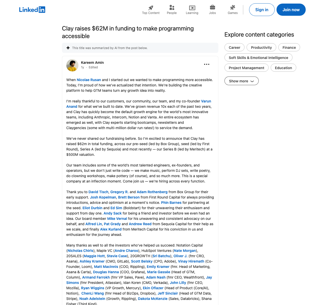 Kareem Amin LinkedIn post about Clay $62M fundraise with product vision context