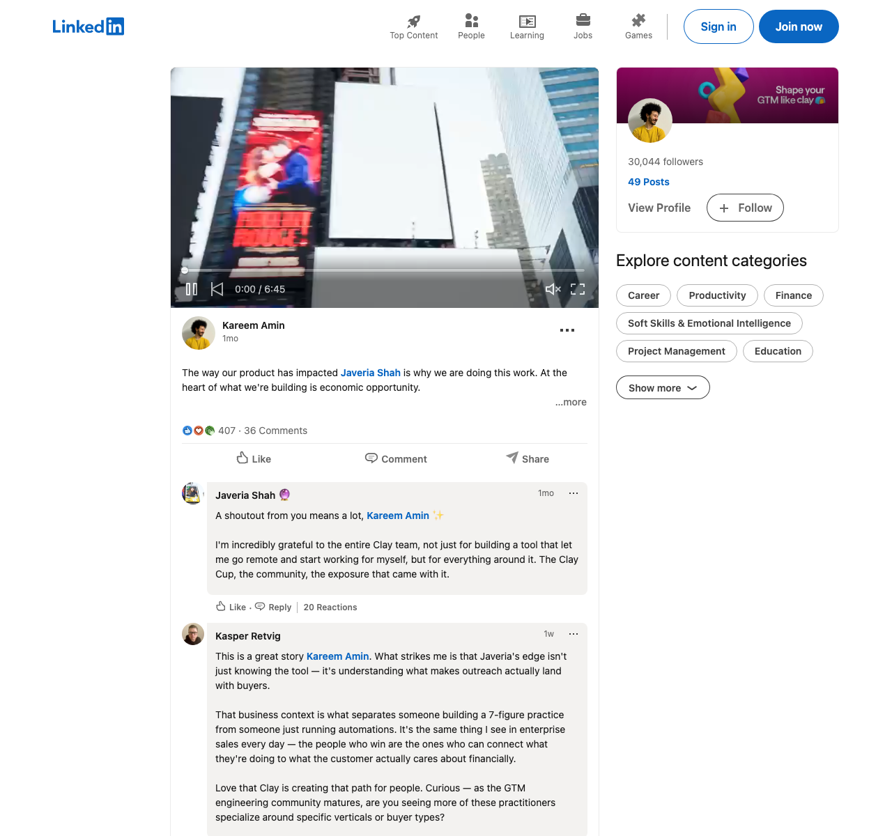 Kareem Amin LinkedIn post about Javeria Shah customer impact story and Clay Cup