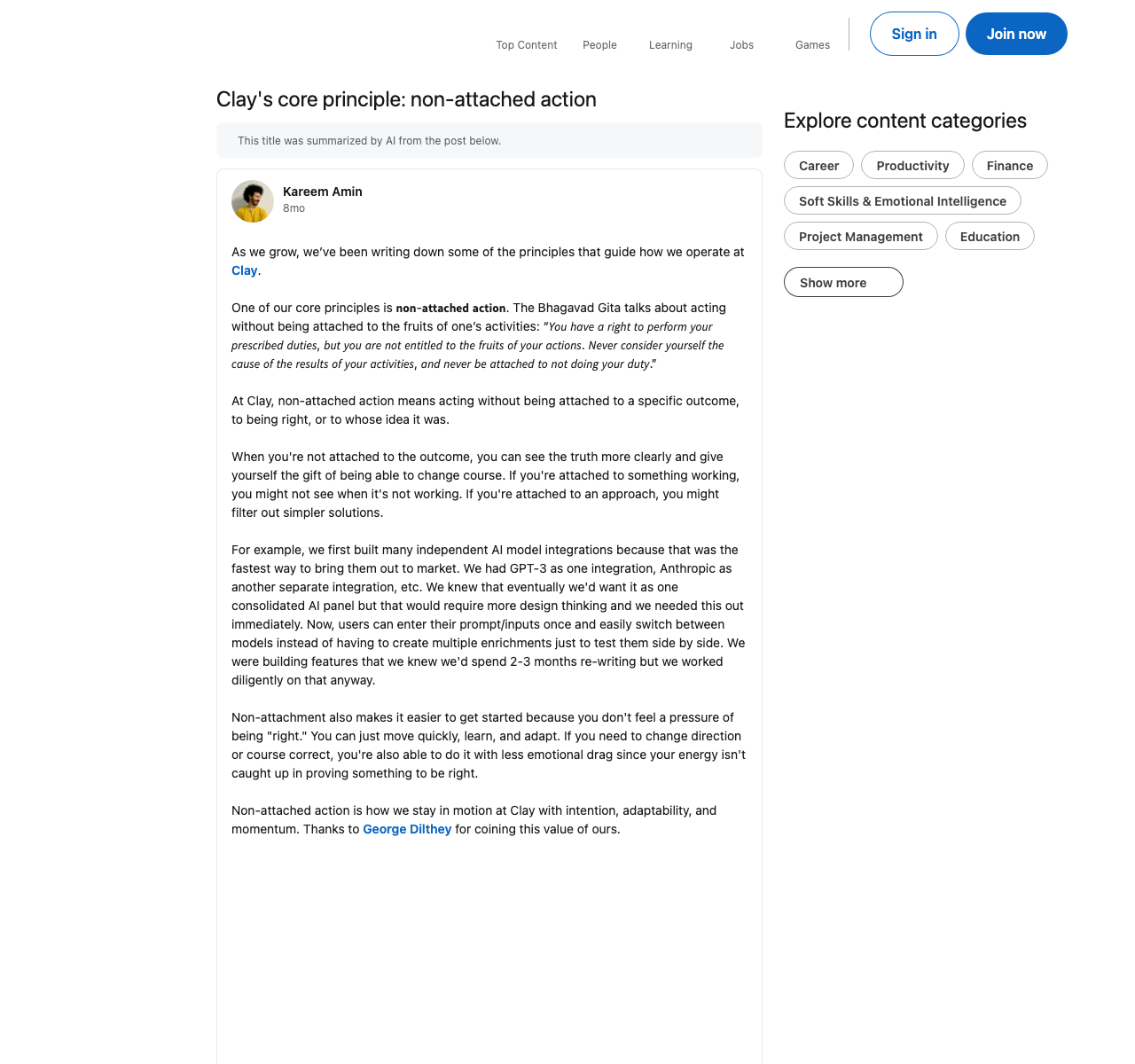 Kareem Amin LinkedIn post on Clay operating principles and non-attached action