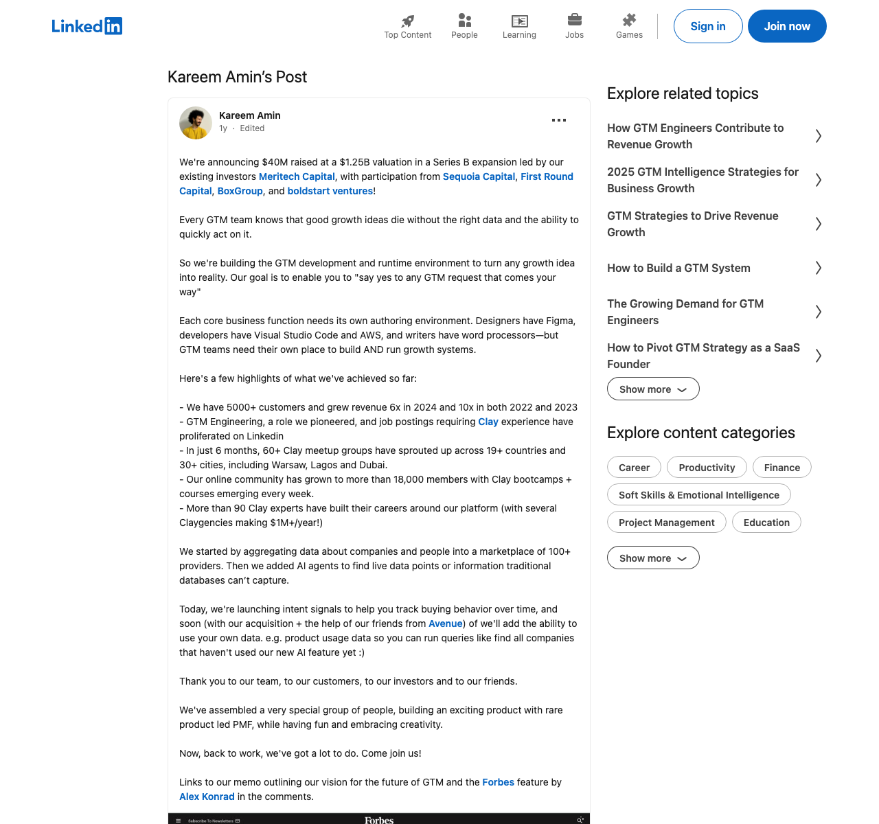 Kareem Amin LinkedIn post sharing Clay product strategy results and $1.25B valuation with community data
