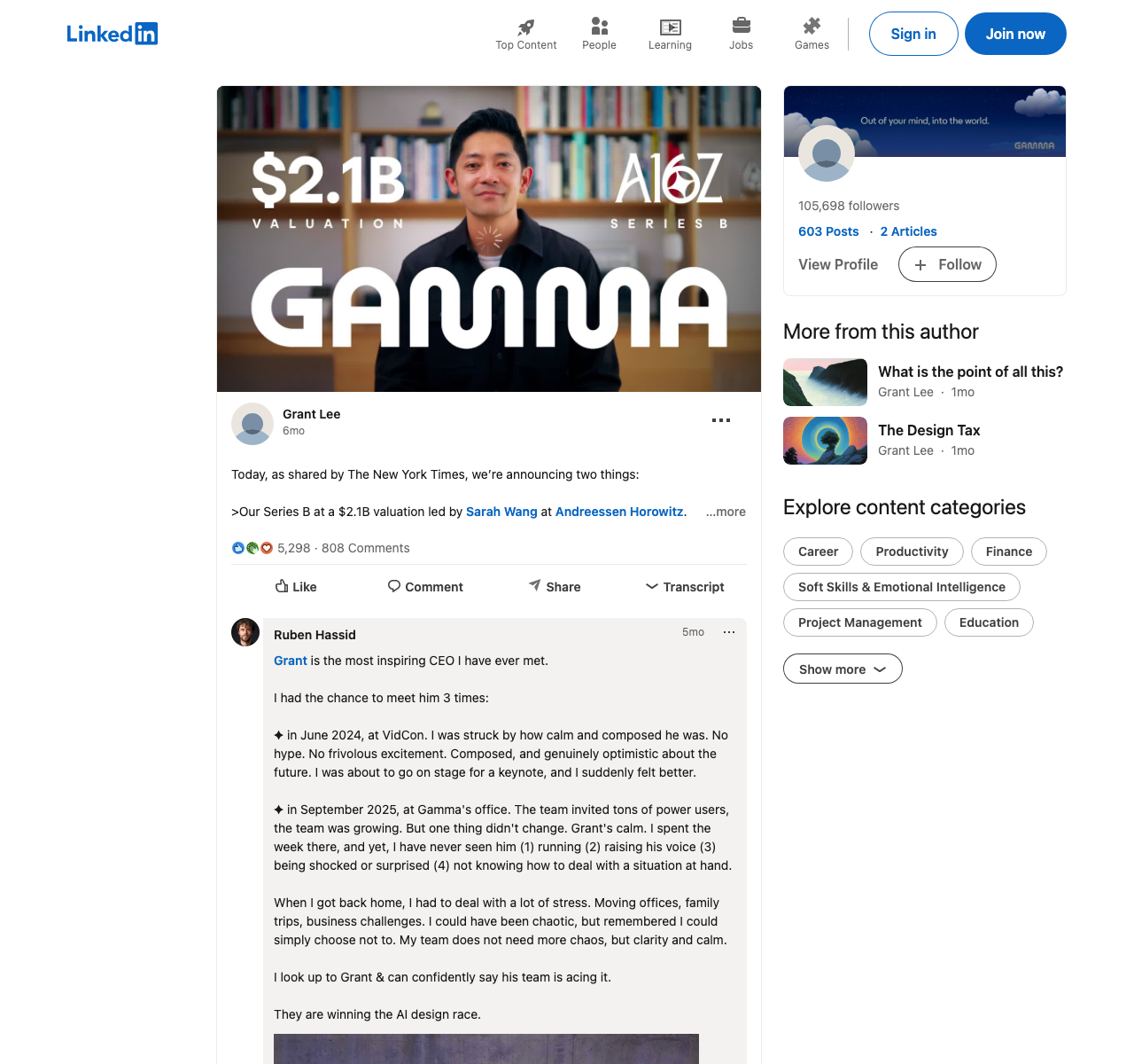 Grant Lee LinkedIn post announcing Gamma's $100M ARR milestone and $2.1B Series B valuation led by Andreessen Horowitz