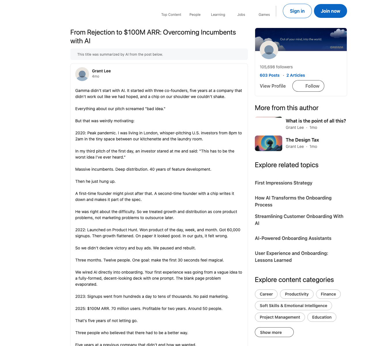 Grant Lee LinkedIn post about Gamma's journey from investor rejection to $100M ARR and 70 million users