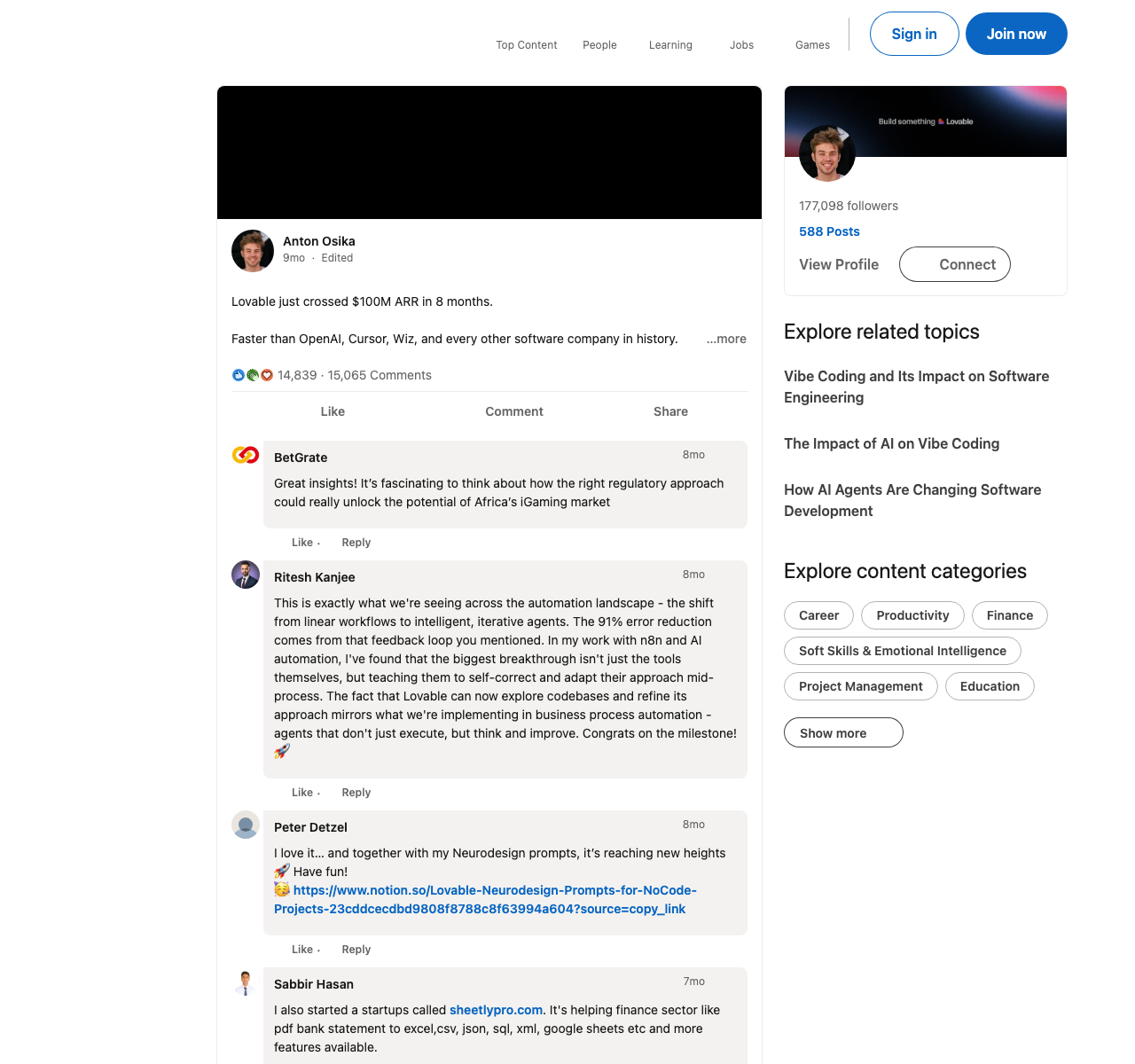 Anton Osika's LinkedIn post announcing Lovable crossed $100M ARR in 8 months