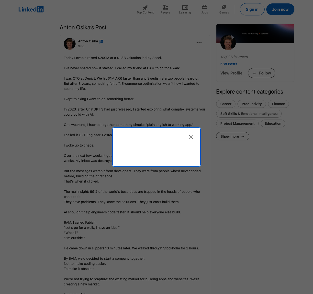 Anton Osika's LinkedIn post — Lovable raised $200M at $1.8B valuation