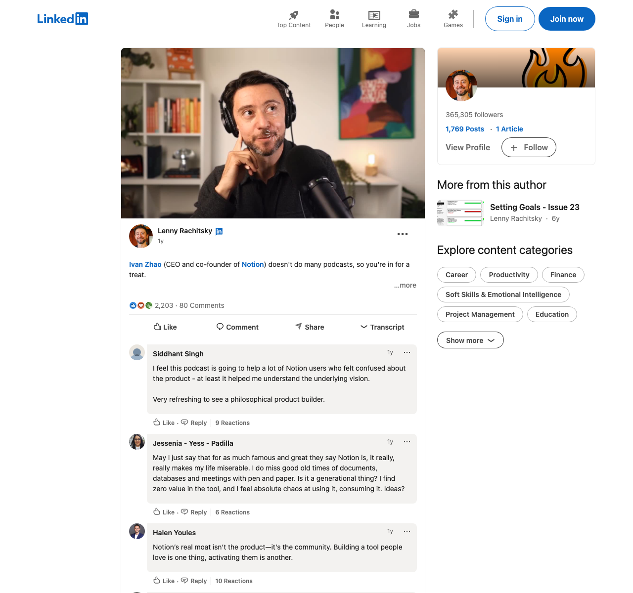 Notion LinkedIn post example showing user-generated content and community sharing